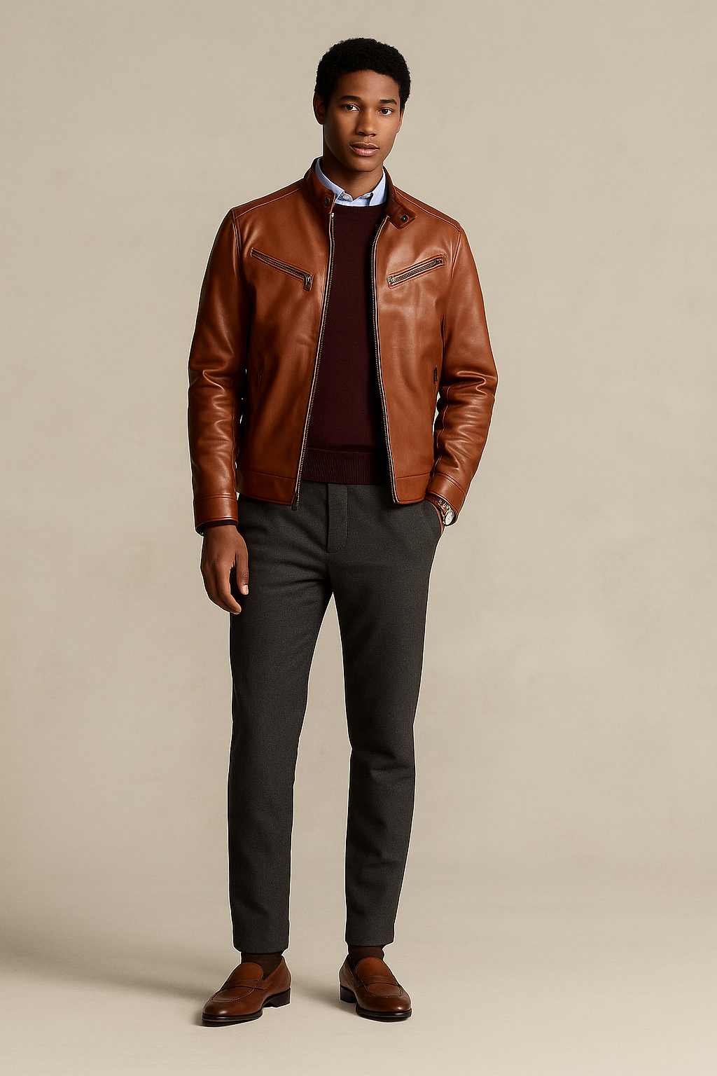 Fred Veste Homme en Cuir – Coupe Régulière, Multiples Poches & Style Intemporel Élégant