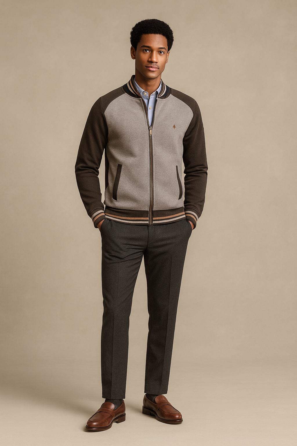 Veste en maille zippée à col montant pour homme à empiècements colorés